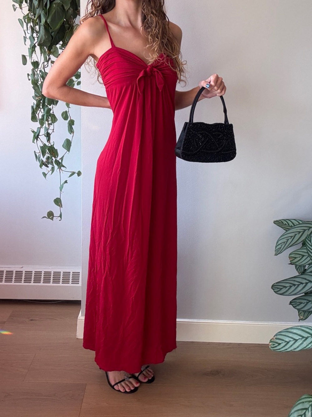 BCBGMaxAzria Red Spaghetti-Strap Maxi Dress with Front Knot